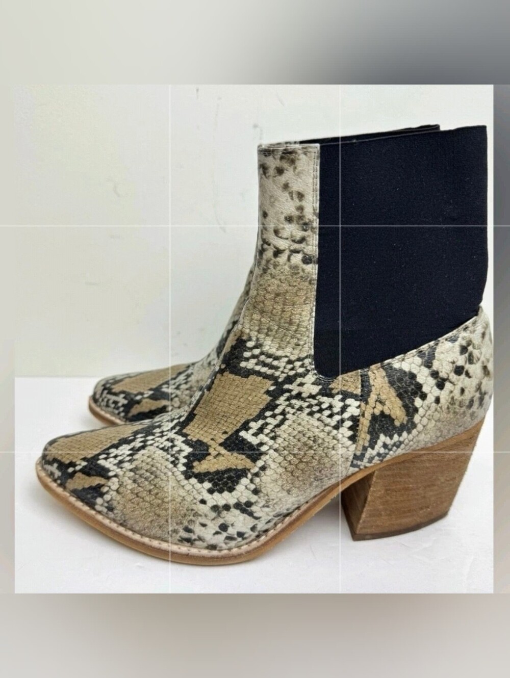 Free People x Jeffrey Campbell Snake-Print Ankle Boots Black/Beige Sz 7.5